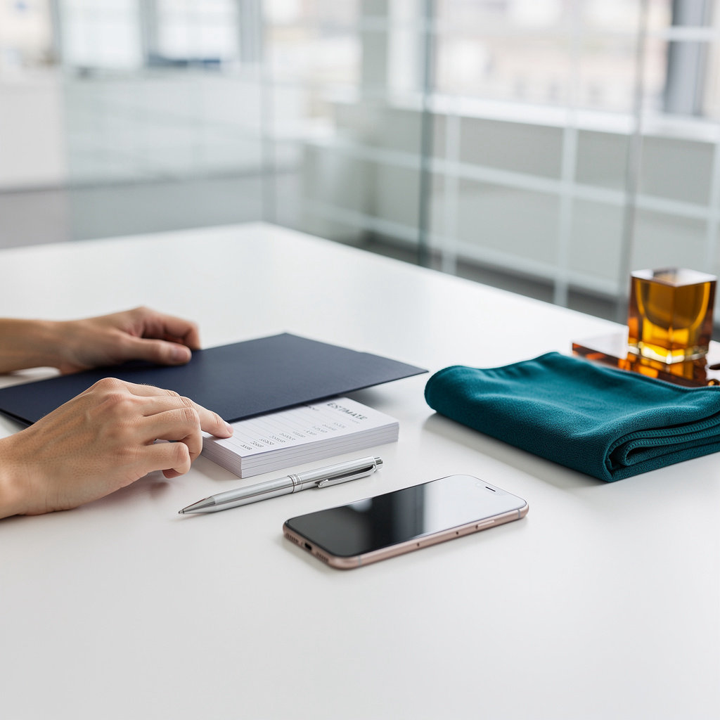 K-2 Cleaning Service flat-rate pricing with a neatly arranged desk, representing clear, transparent cleaning quotes in Northridge, CA